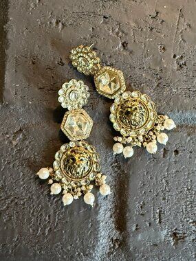 Giant Lion's Head Door Knocker Chandelier Faux Diamond and Pearl Earrings